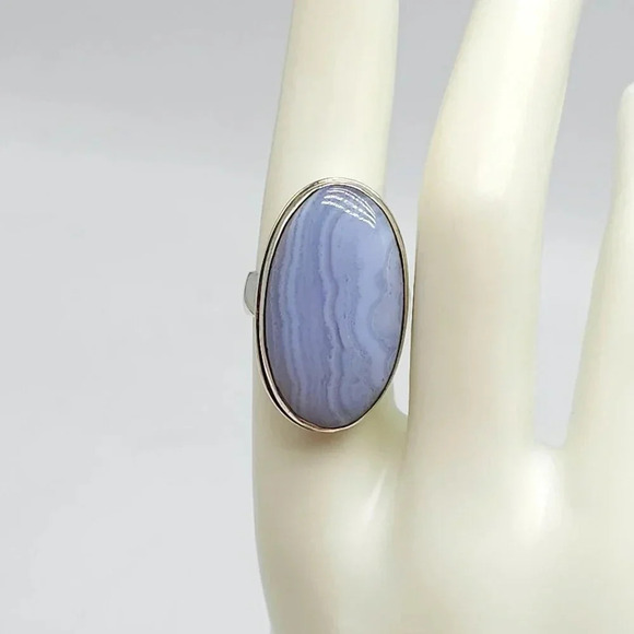 Vintage 925 Sterling Silver Blue Lace Agate Gemstone Ring Size 8.5 - Picture 1 of 7